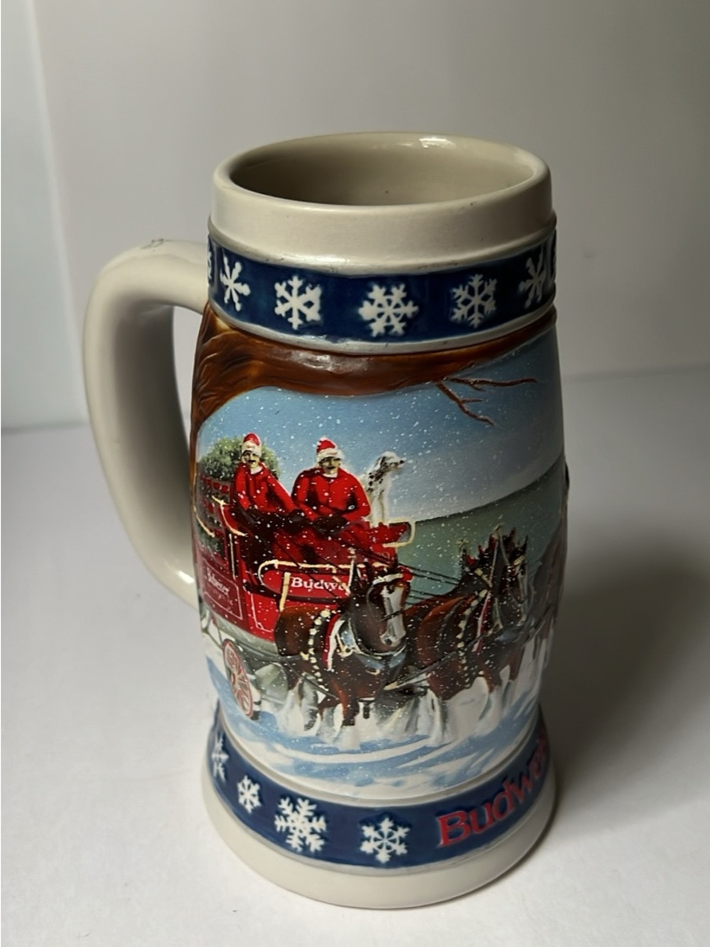 Budweiser Red and Blue Holiday Ceramic Stein with Snowflake Trim